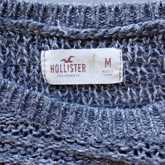 Hollister Grey Sparkle Knit Sweater Medium repaired bejeweled silver lightweight - Picture 7 of 16